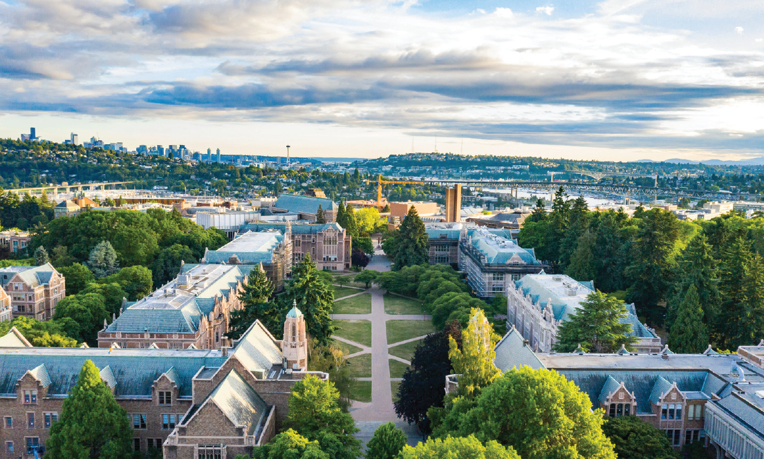 UW campus with Seattle skyline in the background